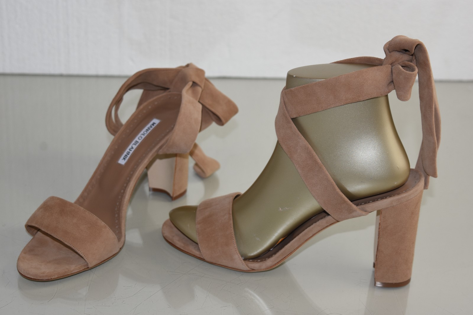 Pre-owned Manolo Blahnik $745  Tondalawrap 90 Sandals Suede Taupe Block Heel Shoes 40.5 In Beige