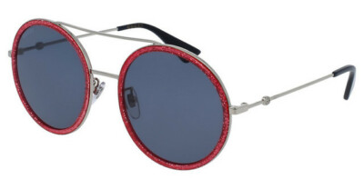 Pre-owned Gucci Gg 0061s 007 Glittered Pink Silver/ Blue Lens Round Sunglasses Italy