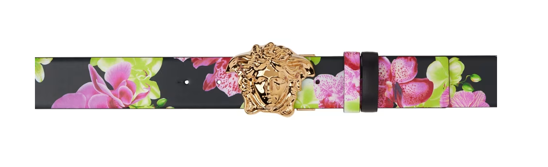Pre-owned Versace Floral Black Orchid Medusa Reversible Belt Us 38 Waist