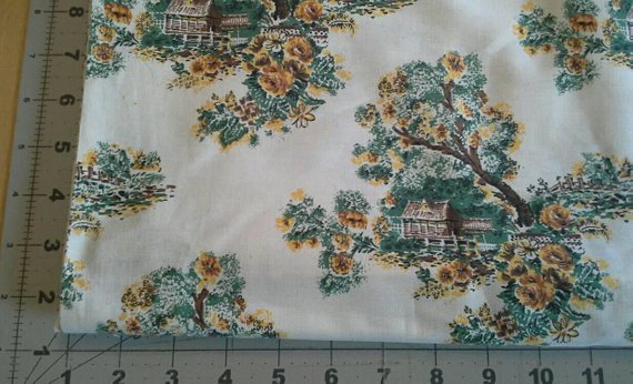 Vintage Decorator Cotton Fabric House nd Garden 5 3/4 Yards Yellow Green Brown