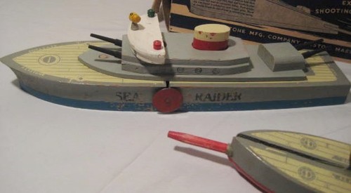 Old Keystone Wooden Exploding Battleship w/attack Submarine Military Toy in BOX