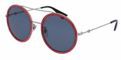 Pre-owned Gucci Gg 0061s 007 Glittered Pink Silver/ Blue Lens Round Sunglasses Italy