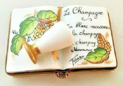 Vintage Porcelain Limoges Box Le Champagne Book w/Attached Goblet