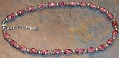 Mauve Wood and Soft Gold Pearls Necklace and Earrings