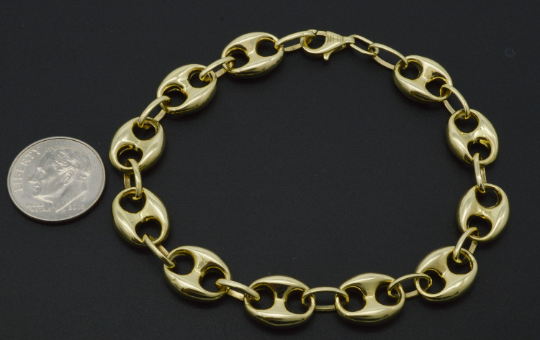 BH JEWELRY REAL 10K YELLOW GOLD 10 MM MENS PUFFED MARINER LINK CHAIN BRACELET 9.5GR