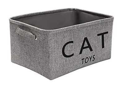 Cat Toy Bin Fabric Pet Toy Storage Box Collapsible Cat Toy Basket with Handle...