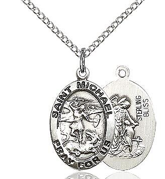 St. Michael sterling silver oval medal with 18" stainless steel light curb chain