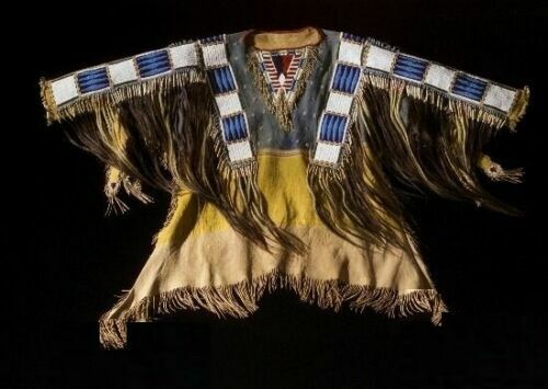 Pre-owned Handmade Old Style Beaded Fringe Buckskin Suede Leather Red Cloud Powwow War Shirt Pw171