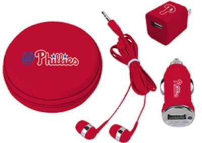 PHILADELPHIA PHILLIES TECH KIT WITH EARBUDS, PHONE CHARGERS, & CASE MLB SGA 2017