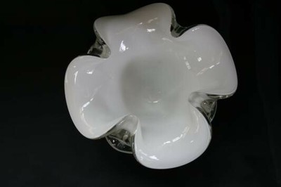 White Cased Paperweight Art Glass Cloverleaf Vase  #1351