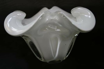 White Cased Paperweight Art Glass Cloverleaf Vase  #1351