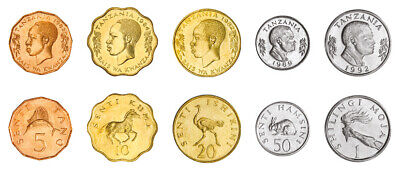 Tanzania Set of 5 Coins, 5 10 20 50 Senti 1 Shilingi, 1979 1992, UNC