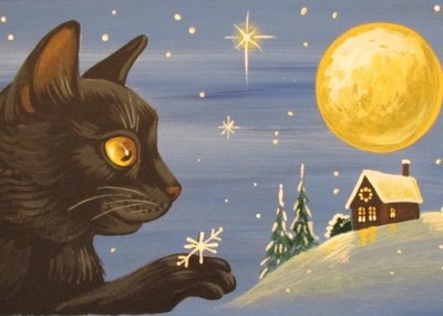 ACEO PRINT OF PAINTING RYTA BLACK CAT XMAS SNOWFLAKE MOON LANDSCAPE FOLK art 🎄