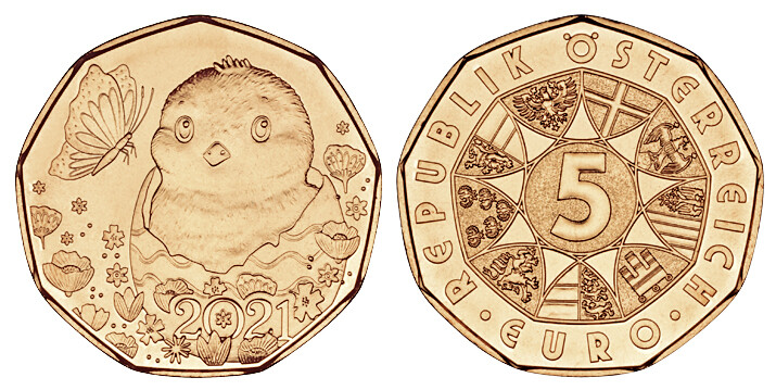 ÖSTERREICH  5 EURO 2021  OSTERMÜNZE - OSTERKÜKEN - KUPFER
