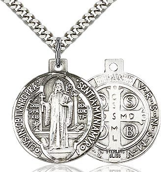 St. Benedict sterling silver with 24" stainless steel heavy curb chain