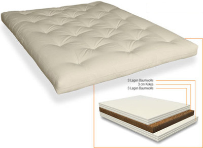 Futon Kokos 140x200 cm mit 6 Lagen Baumwolle und Kokoskern Futonmatratze