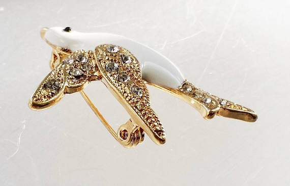 Vintage White Dove Brooch Rhinestone Bird Pin, Christmas Xmas Holiday Jewelry