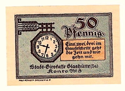 GLASHHUTTE GERMANY NOTGELD 50 PFG 1921 Clock NEW  $1 s+h USA