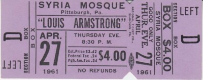 LOUIS ARMSTRONG Concert Ticket 1961 - Syria Mosque, Pittsburgh - reprint