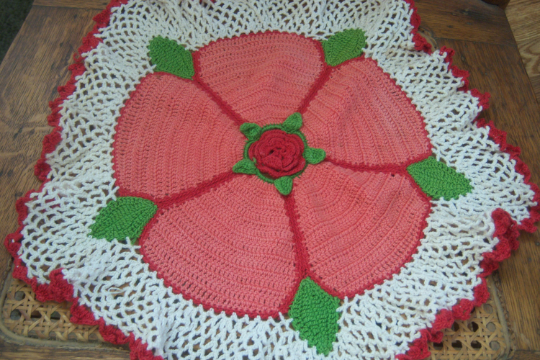Vintage Granny Doily Red Green White Large Shabby Chic