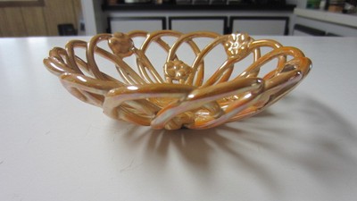 Vintage Art Pottery Peach Lustre Finish Bowl w/ Applied Flowers 5 3/4 in. Across