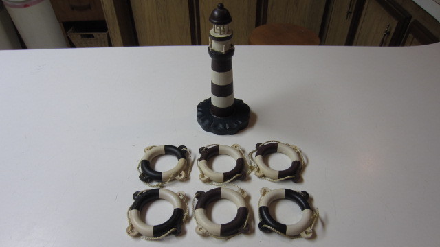 Decorative Lighthouse with Six Life Preserver Napkin Rings