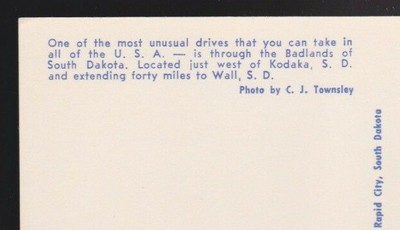 One of the most unusual drives you can take in all USA Badlands of SD postcard