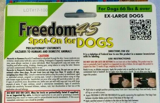 Freedom 45 'Spot on' for extra large dogs 66 lbs.+, 6 mo. supply!