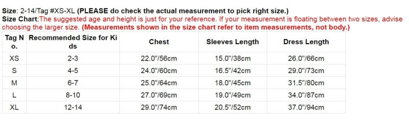 Venus Dress Size Chart