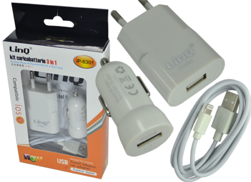 Kit Caricabatterie 3in1 Adattatore Auto Rete Cavo Usb Lightning Linq IP-6301