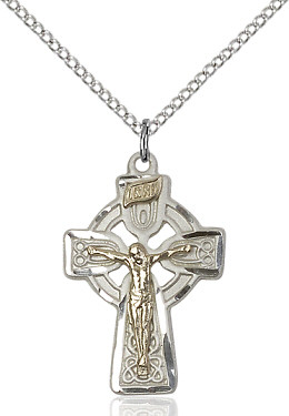 Celtic Crucifix gold/sterling silver with 18" sterling silver light curb chain