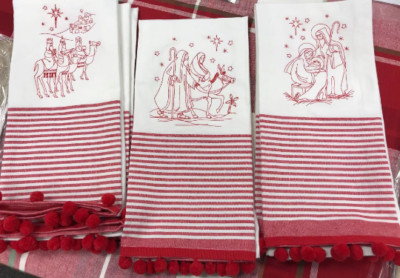 Christmas Nativity Embroidered Tea Towel, Embroidered Christmas Dish Towel,