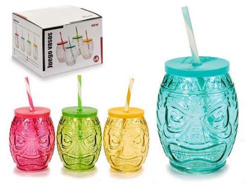 Set 4 Pezzi Bicchieri Barattoli In Vetro Con Cannuccia Servizio Colorati Idea