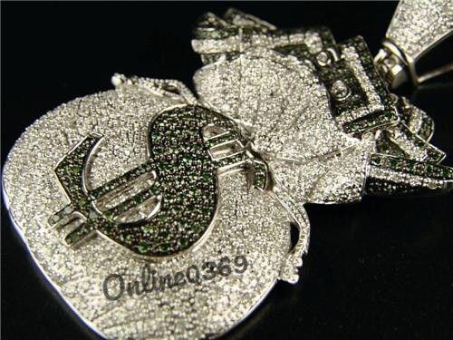 Pre-owned Online0369 Mens 3.9ct Emerald Cubic Zirconia Money Bag Charm Pendant Silver Free Stud