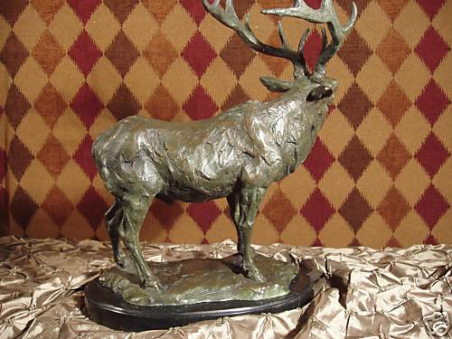 * Rare Bronze Statue Wild Sculpture Elk Deer on Marble Trophy Hunter Lodge GIFT