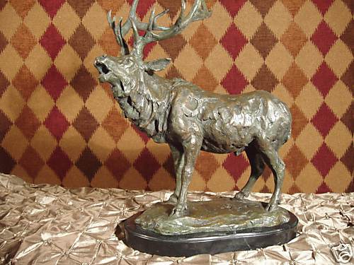 * Rare Bronze Statue Wild Sculpture Elk Deer on Marble Trophy Hunter Lodge GIFT