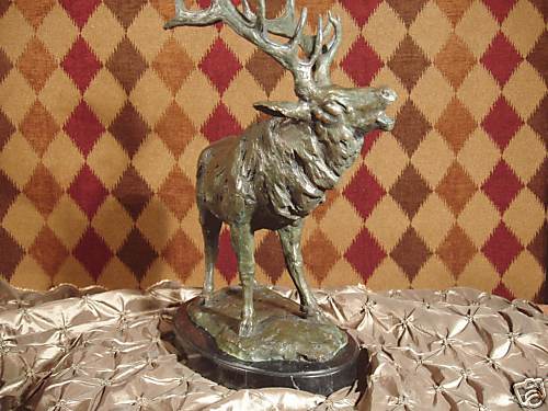* Rare Bronze Statue Wild Sculpture Elk Deer on Marble Trophy Hunter Lodge GIFT