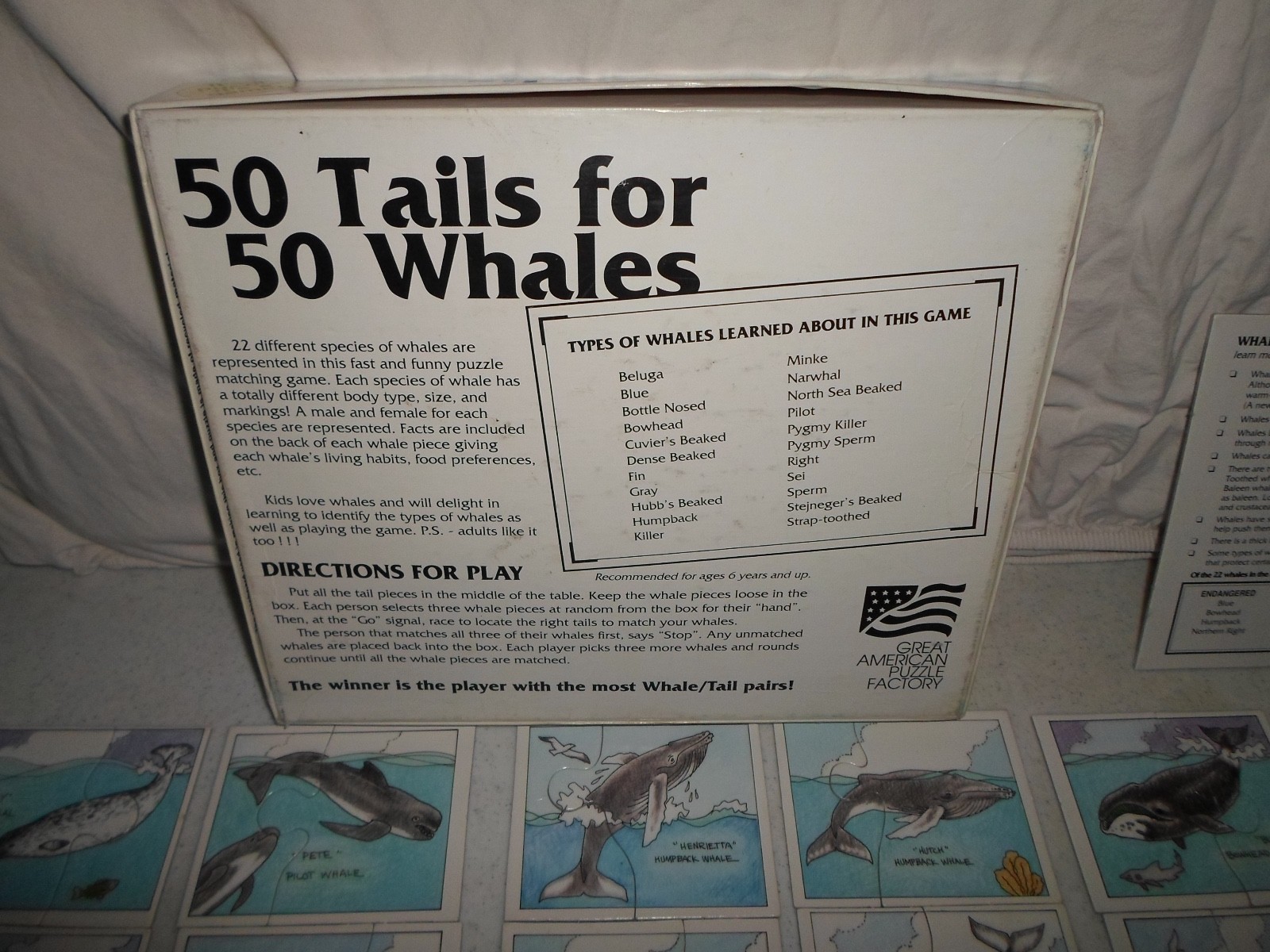Complete 50 Whale for Tail Puzzle/Board Game Trivia Ocean Fact Matching Learning