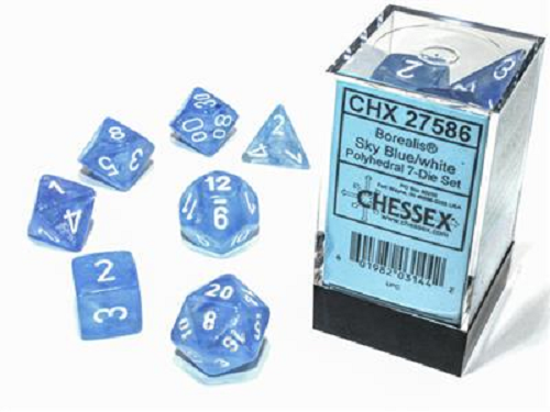 НАБОР BOREALIS ПОЛИГЕДРАЛЬНЫЙ НЕБЕСНО-ГОЛУБОЙ/БЕЛЫЙ СВЕТИЛЬНИК, 7 ПЛАСТИКОВ CHESSEX, НОВЫЙ