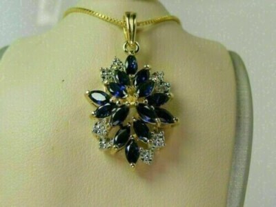 Marquise Lab-Created Blue Sapphire Diamond Women Pendant 14k Yellow Gold Plated