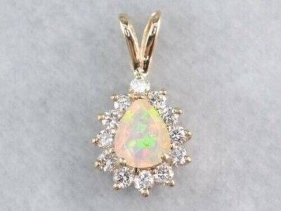 2Ct Antique Fire Opal & White Diamond Pendant 14k Yellow Gold Finish Free Chain