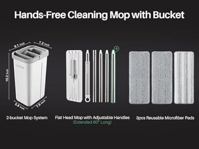 Mop and Bucket with Wringer Set, Hands Free Flat Floor Mop and Bucket, 60" Mo...