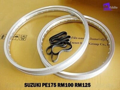 SUZUKI PE175 RM100 RM125 FRONT &  REAR ALUMINIUM  SILVER WHEEL RIM SET  *BI5269*