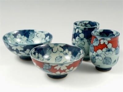 Arita yaki ware Rice bowl Tea cup Yunomi Chawan set Dami Cherryblossom Blue Red