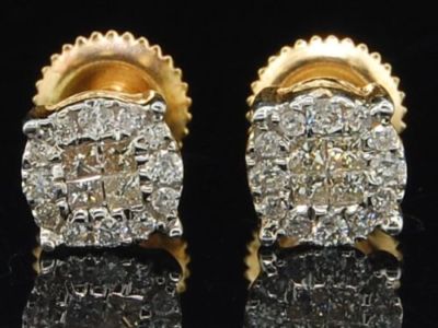 Pre-owned Jfl Diamonds & Timepieces Ladies 14k Yellow Gold Princess Cut Halo Set Diamond Studs Earrings 0.25 Ct. In White
