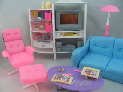 Gloria Barbie Size Doll House Furniture, Family Room, Tv, Couch, Ottoman