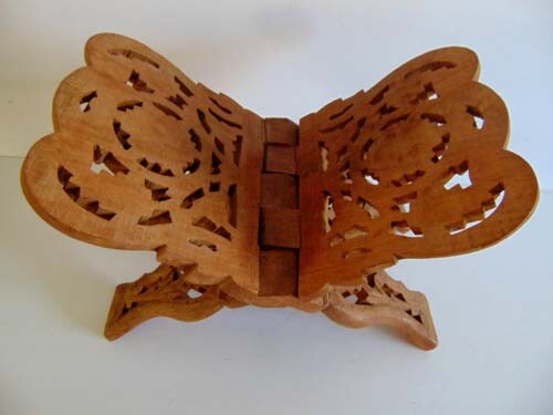 Vintage Folding Hand Carved Wood Wooden Book Stand Holder Leaf Design