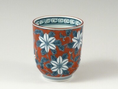Arita yaki porcelain Japanese Green Tea cup Yunomi Red Dami Clematis S