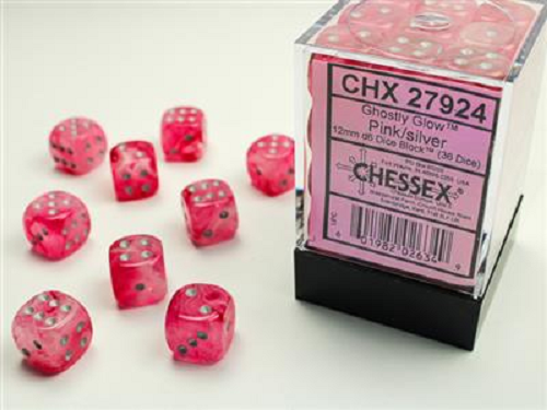 GHOSTLY GLOW 12 ММ D6 РОЗОВЫЙ/СЕРЕБРЯНЫЙ БЛОК КОСТЕЙ (36 КАБИКОВ) CHESSEX НОВИНКА