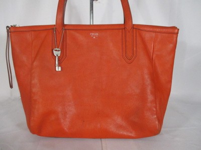 Fossil Large Sydney Orange Leather Tote Shoulder Bag Handbag Purse 